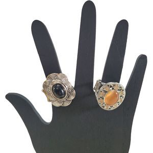 Bundle of 2 Stretch Rings Silver Tone Black Orange Bohemian Statement Big Bold